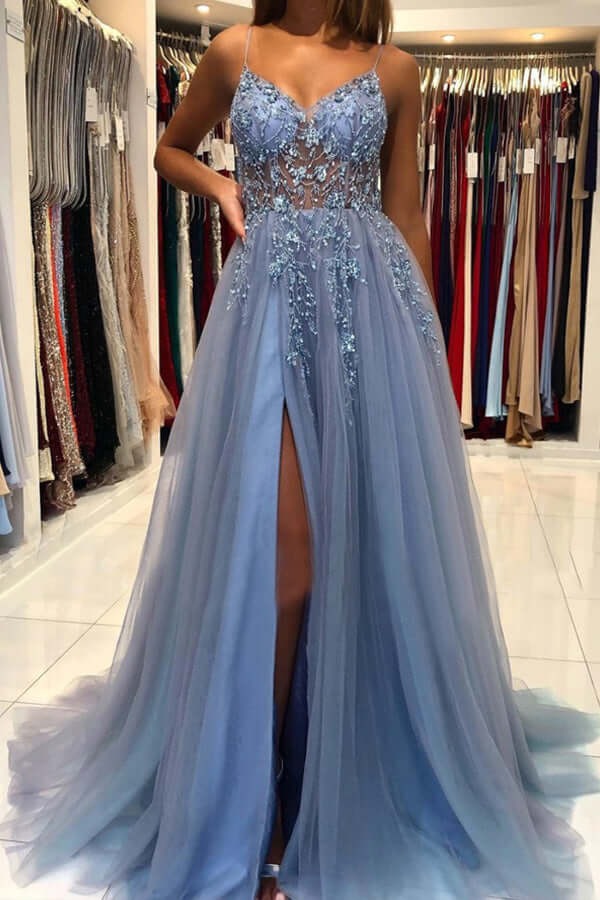 A-line V-neck Tulle  Beaded Long Prom Dresses