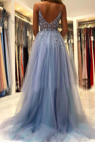 A-line V-neck Tulle  Beaded Long Prom Dresses