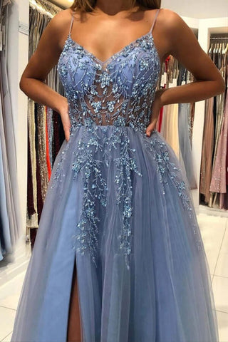 A-line V-neck Tulle  Beaded Long Prom Dresses