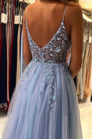 A-line V-neck Tulle  Beaded Long Prom Dresses