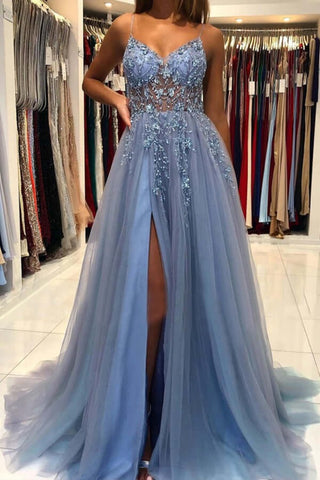 A-line V-neck Tulle  Beaded Long Prom Dresses