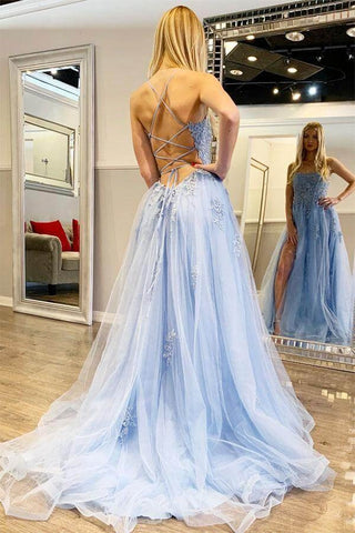 Lace Tulle Appliques Spaghetti Straps Long Prom Dresses With Slit