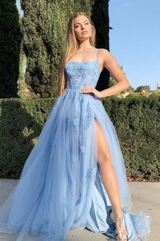 Lace Tulle Appliques Spaghetti Straps Long Prom Dresses With Slit