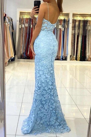 Long Tulle Mermaid V-neck Backless  Prom Dress With Lace Appliques