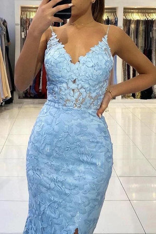 Long Tulle Mermaid V-neck Backless  Prom Dress With Lace Appliques