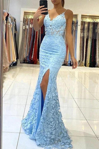 Long Tulle Mermaid V-neck Backless  Prom Dress With Lace Appliques