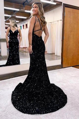 Blue Sequins Long Backless Mermaid Prom Dresses