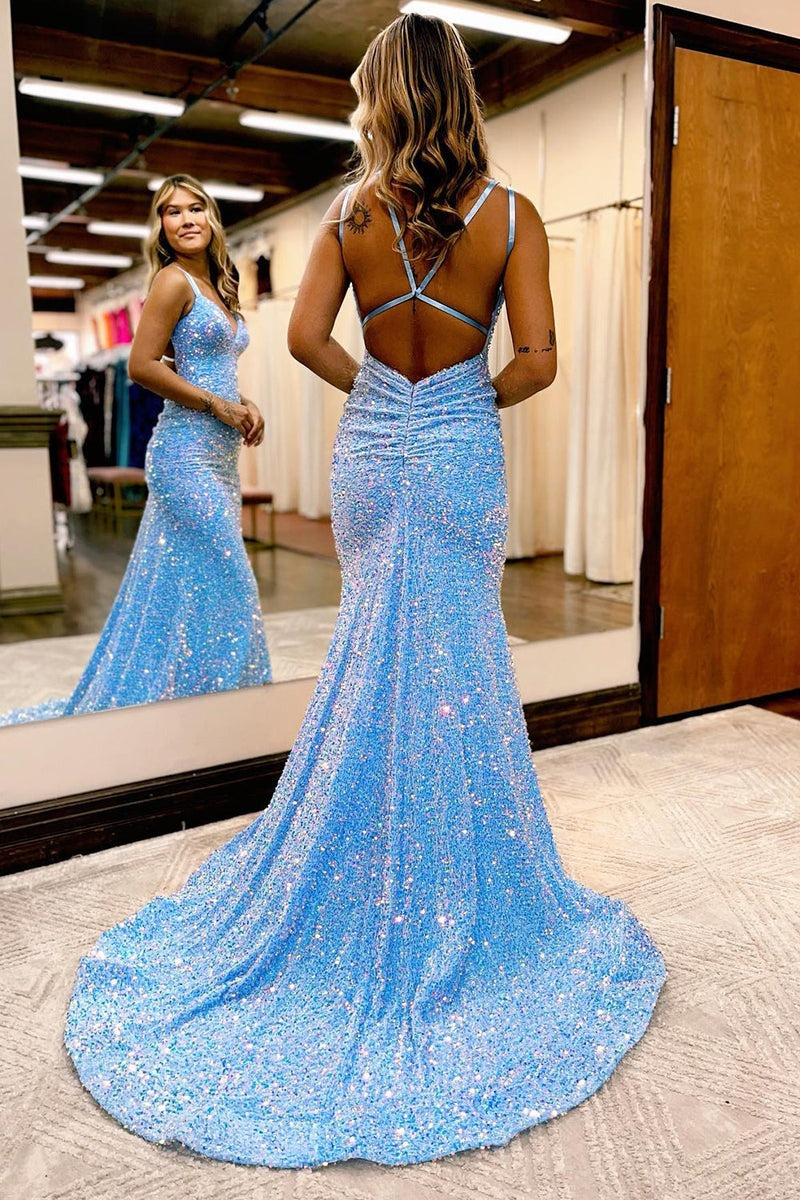 Blue Sequins Long Backless Mermaid Prom Dresses