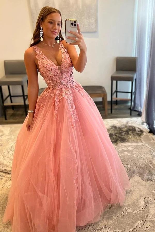 V-neck A-line Princess Prom Dresses With Appliques, Evening Dress