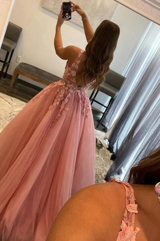 V-neck A-line Princess Prom Dresses With Appliques, Evening Dress