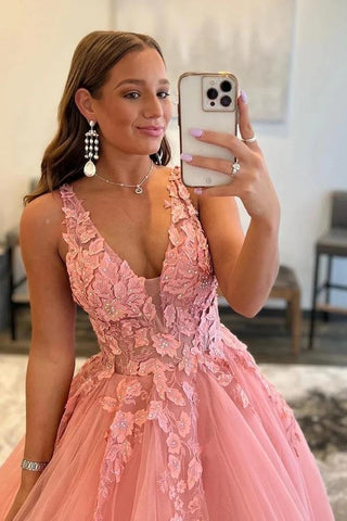 V-neck A-line Princess Prom Dresses With Appliques, Evening Dress