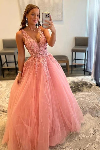 V-neck A-line Princess Prom Dresses With Appliques, Evening Dress