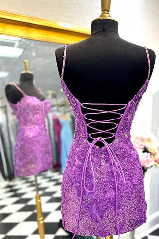 Lace Sheath Spaghetti Straps Sequined  Homecoming Dress