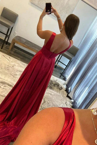 A-line V-neck Silk Satin  Prom Dresses with Slit