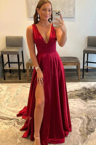 A-line V-neck Silk Satin  Prom Dresses with Slit