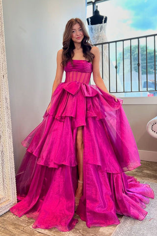 Charming Fuchsia Ball Gown Strapless Organza Prom Dresses