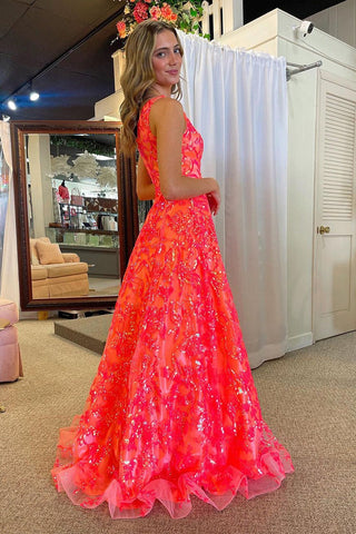 Coral One Shoulder Sequin Lace A-Line Long Prom Dresses