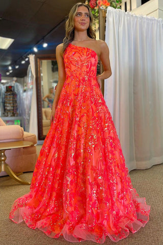 Coral One Shoulder Sequin Lace A-Line Long Prom Dresses