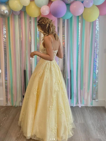 Yellow Aline tulle lace long prom dress yellow tulle long party dress