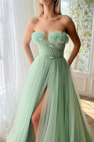 A Line Green Strapless Prom Dress,Evening Dress with Slit