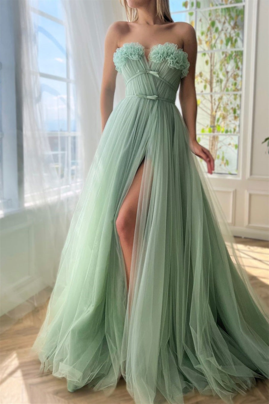 A Line Green Strapless Prom Dress,Evening Dress with Slit