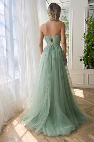 A Line Green Strapless Prom Dress,Evening Dress with Slit