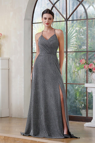 V-Neck Sleeveless Halter Glitter Prom Dress  Pleated Side Slit Party Dress with Pocket