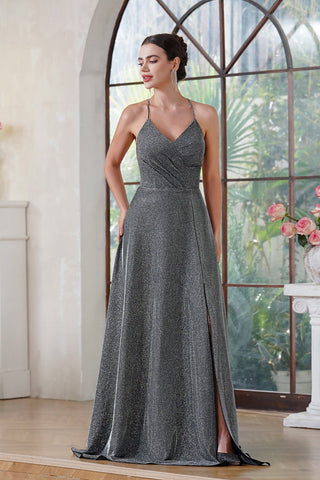 V-Neck Sleeveless Halter Glitter Prom Dress  Pleated Side Slit Party Dress with Pocket