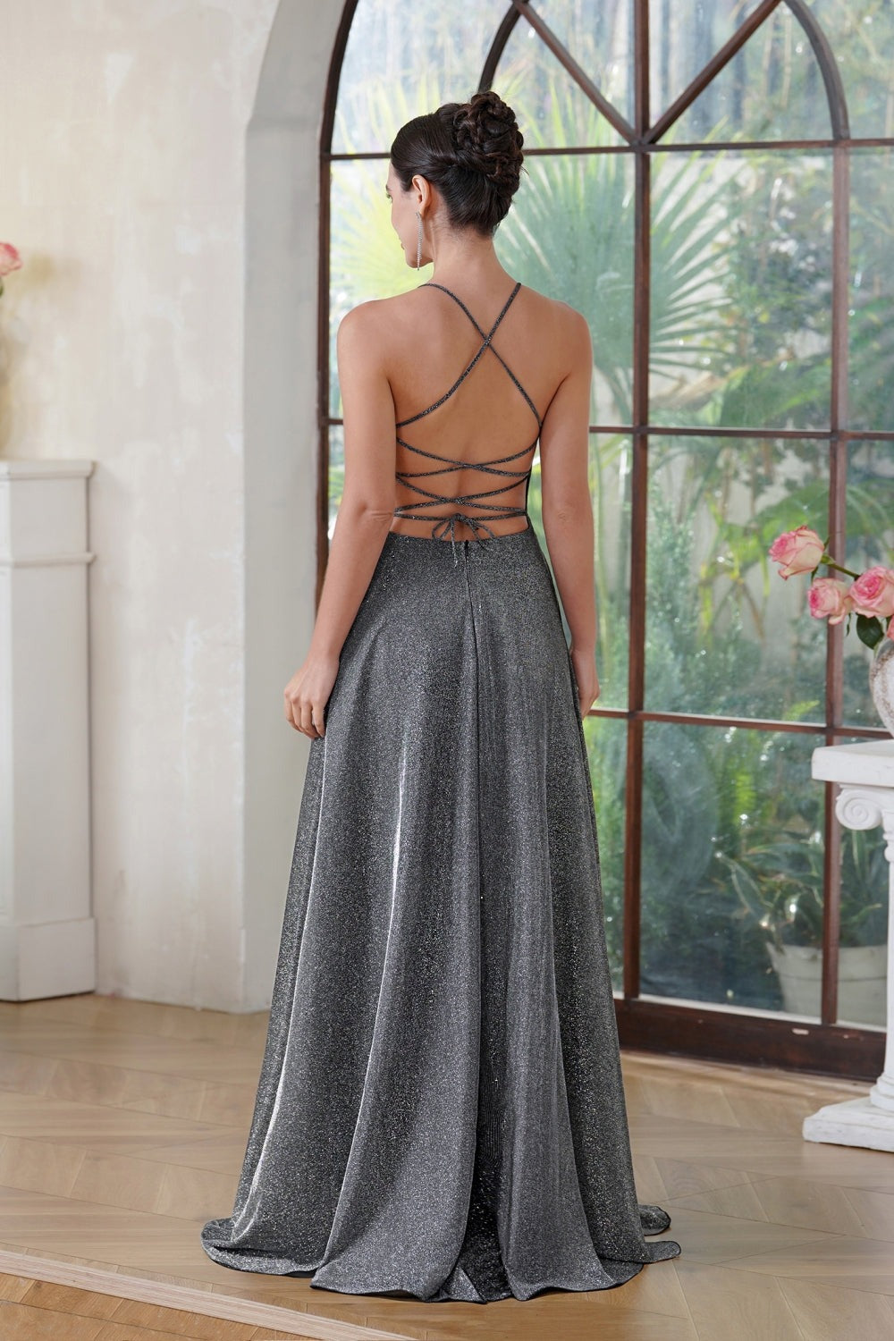 V-Neck Sleeveless Halter Glitter Prom Dress  Pleated Side Slit Party Dress with Pocket