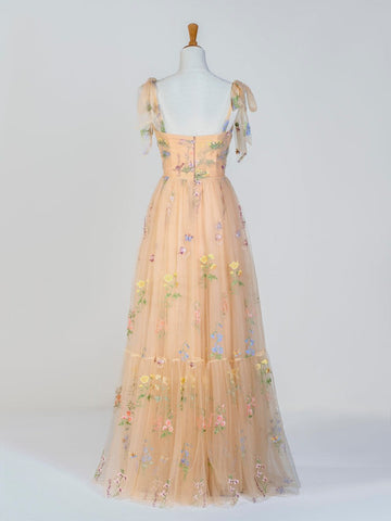 Tulle Sweetheart Neck Floor Length  Embroidery Floral Prom Dress