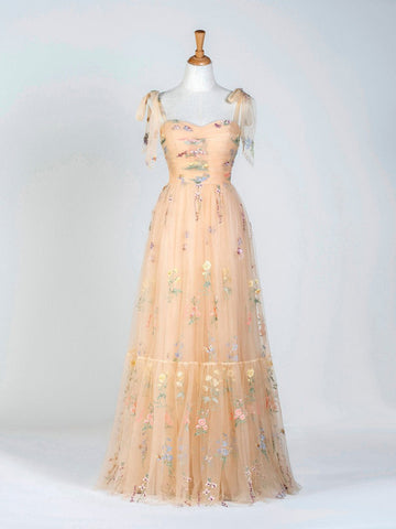 Tulle Sweetheart Neck Floor Length  Embroidery Floral Prom Dress