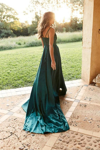 A-line Satin Spaghetti Straps Long Prom Dresses With Split