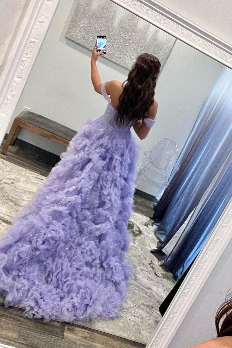 A Line Off the Shoulder Tulle Ruffled  Prom Dress with Slit