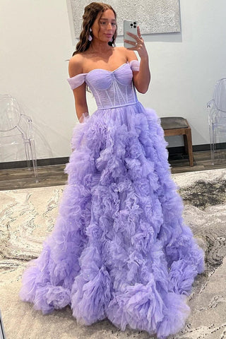 A Line Off the Shoulder Tulle Ruffled  Prom Dress with Slit