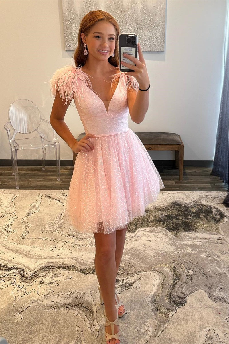 A-line Tulle  Deep V Neck  Homecoming Dress
