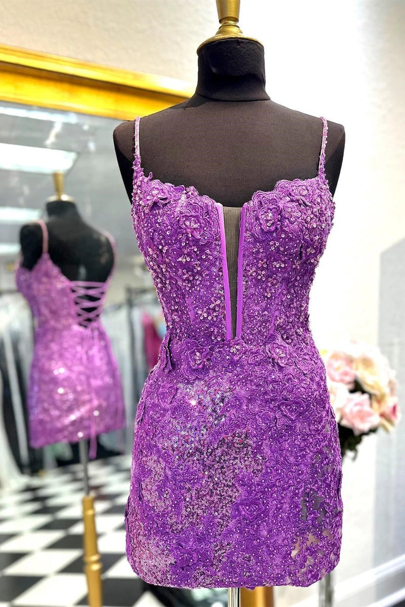 Lace Sheath Spaghetti Straps Sequined  Homecoming Dress