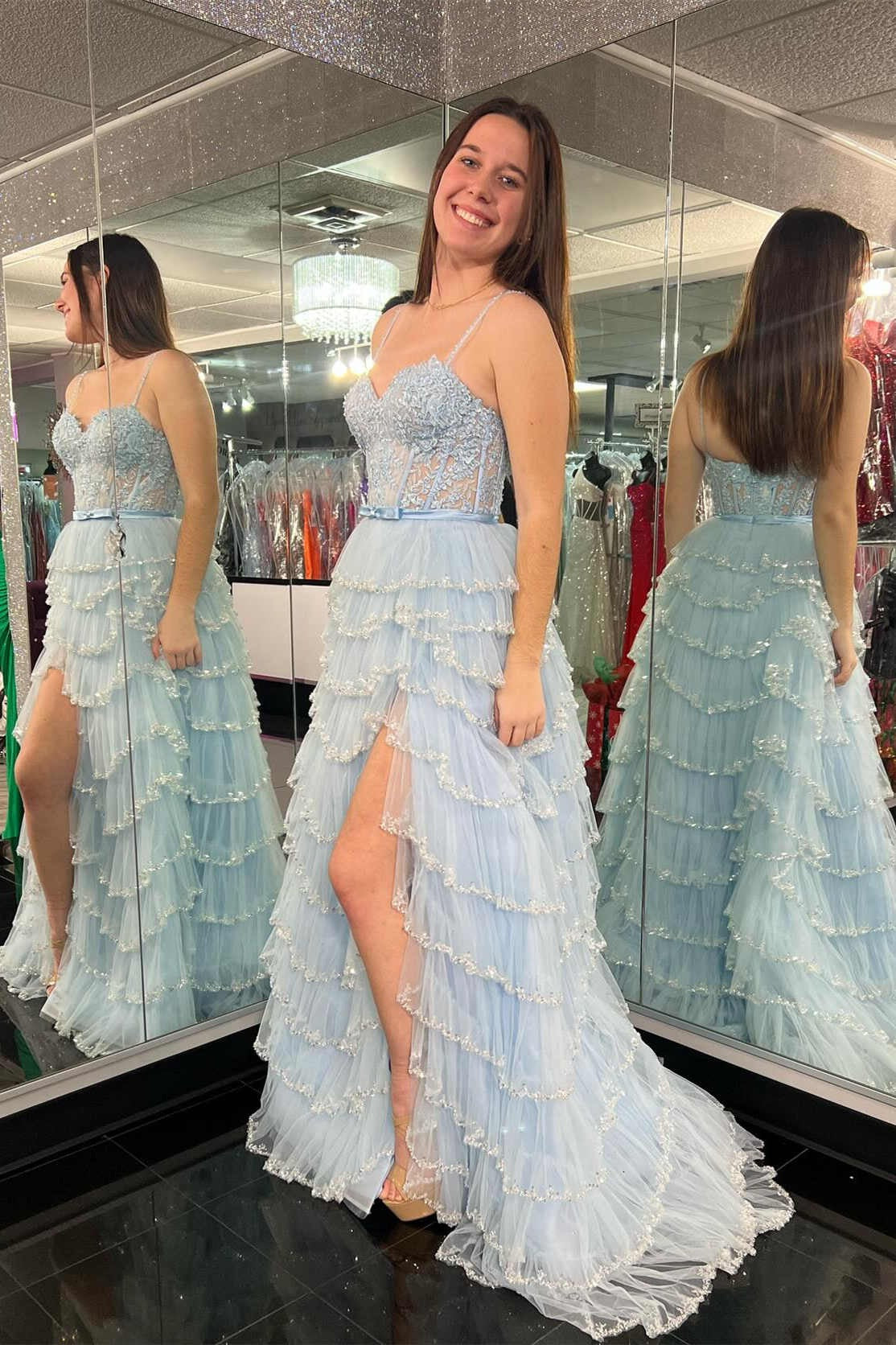 Layered Tulle Spaghetti Straps Prom Dress