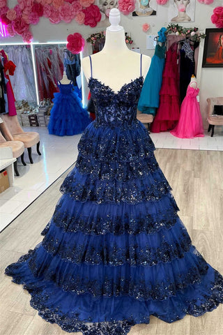 A-Line Spaghetti Straps Layered Prom Dress with Sequin