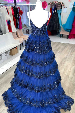 A-Line Spaghetti Straps Layered Prom Dress with Sequin