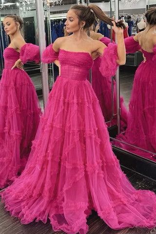 A-Line Strapless Long Corset Ruffled  Prom Dress