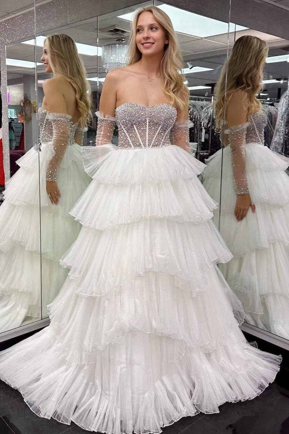 White Strapless Beaded Top Ruffled Long Prom Dress
