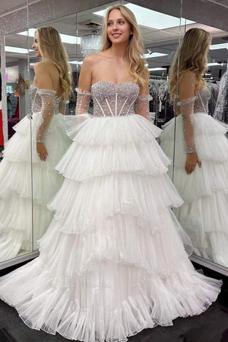 White Strapless Beaded Top Ruffled Long Prom Dress