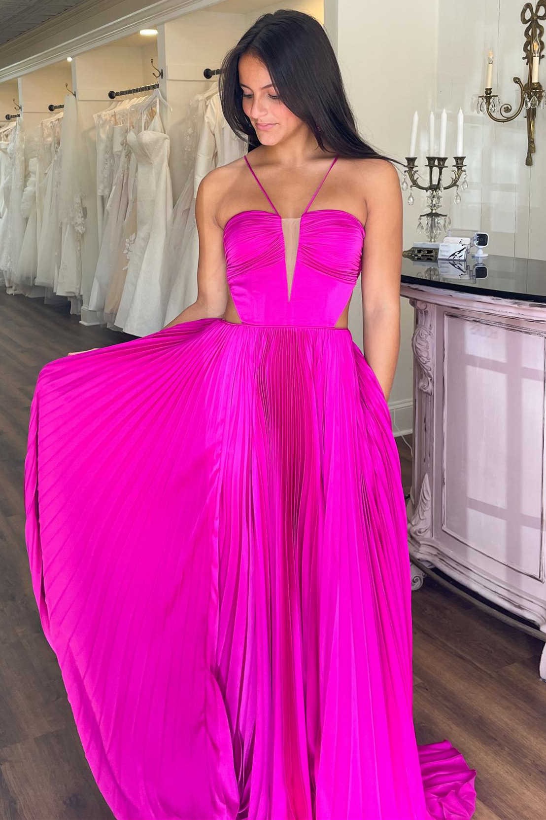 A-Line Straps Pleated  Prom Dress with Bow