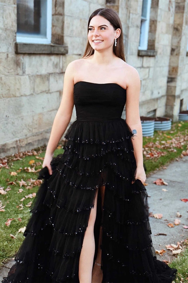 Strapless Layered Tulle Prom Dress with Sequins