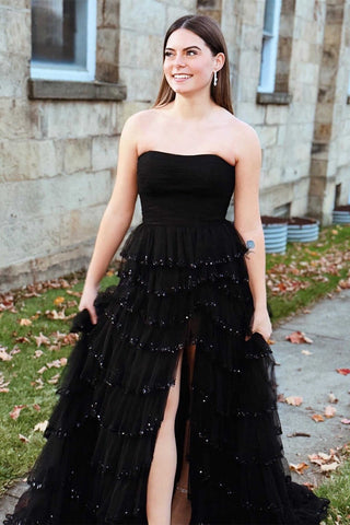 Strapless Layered Tulle Prom Dress with Sequins