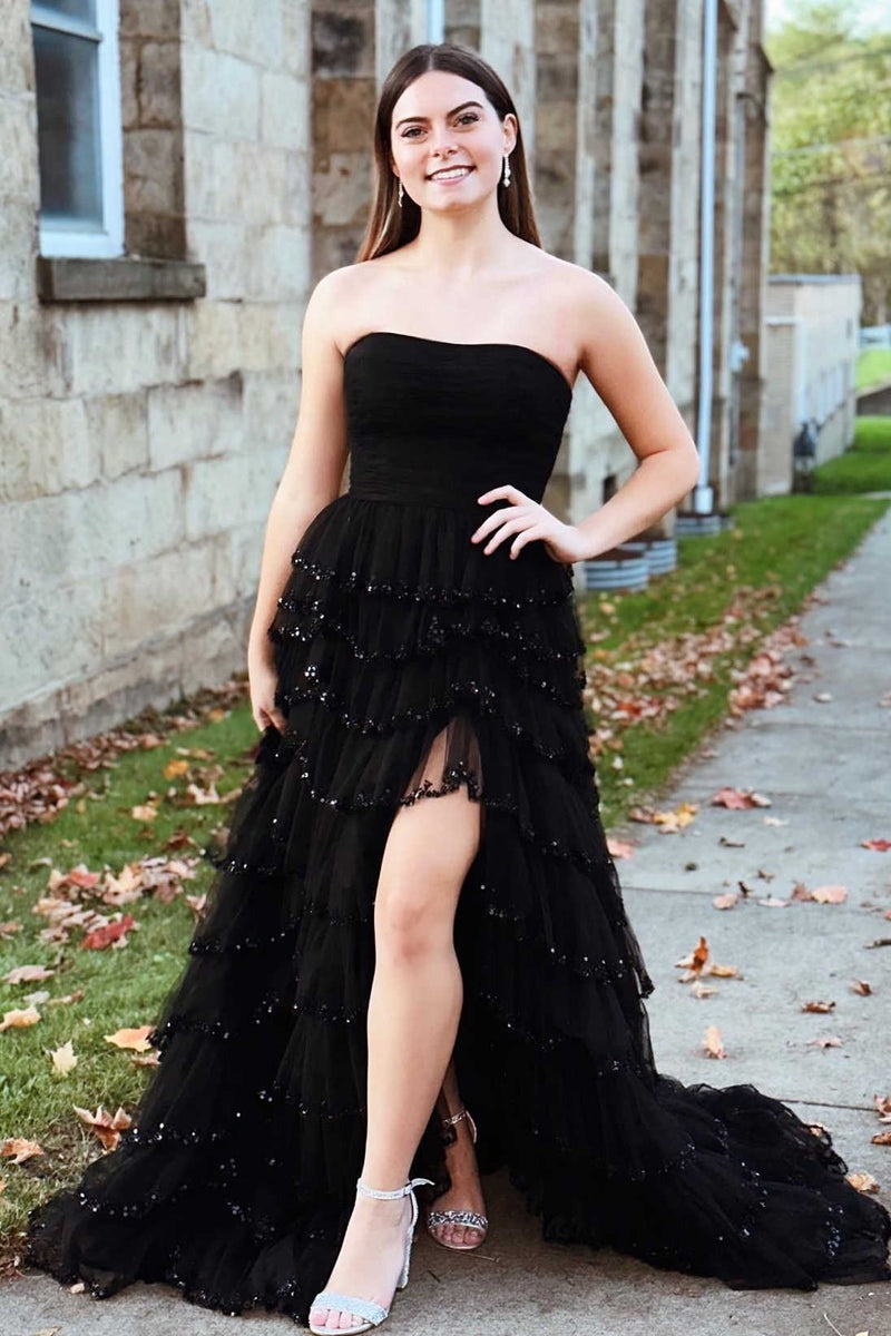 Strapless Layered Tulle Prom Dress with Sequins