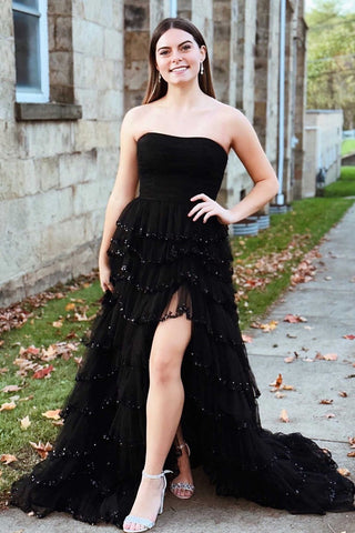 Strapless Layered Tulle Prom Dress with Sequins