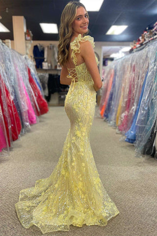 Mermaid Yellow Ruffle Straps 3D Flower Long Prom Dress