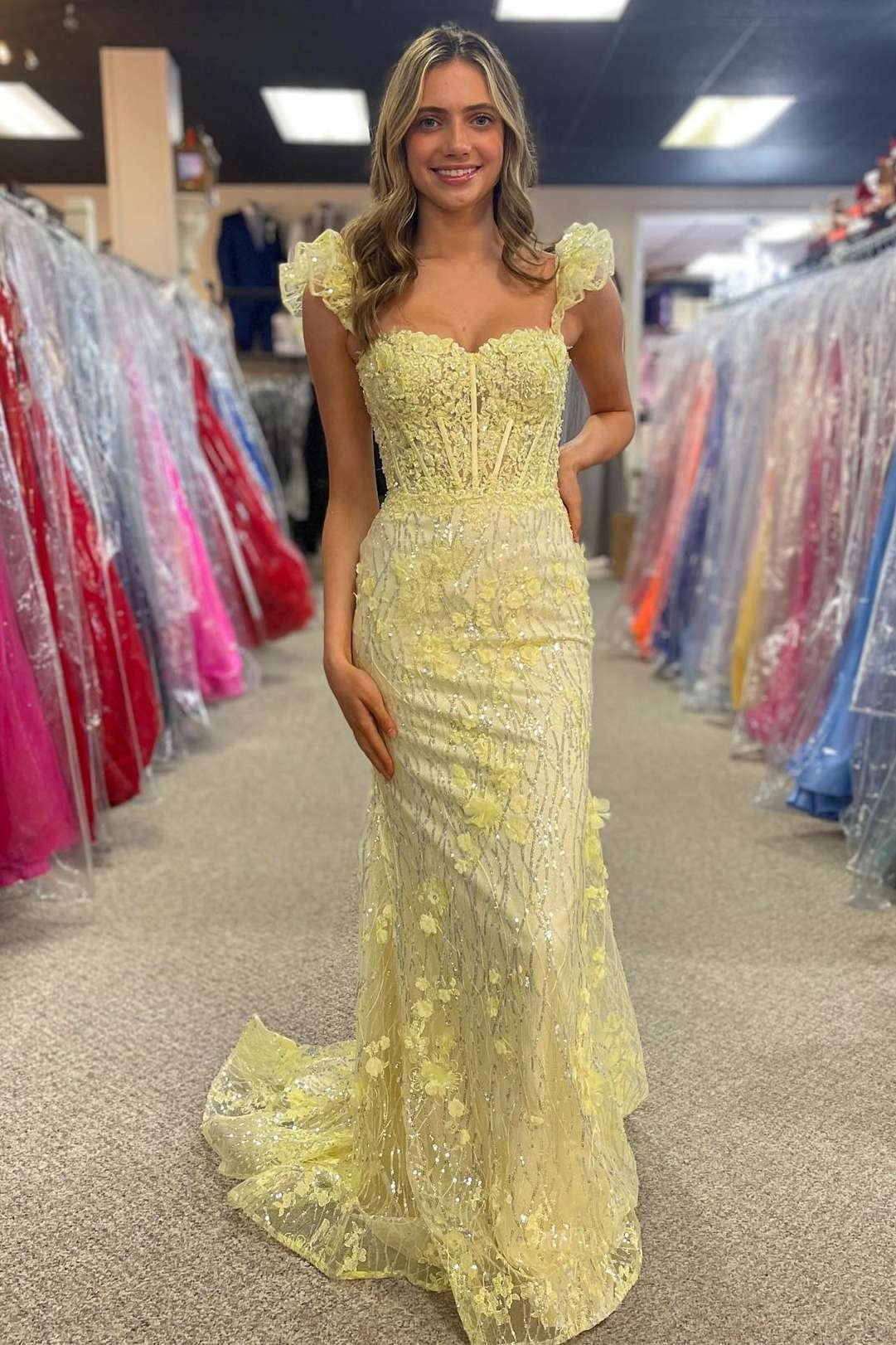 Mermaid Yellow Ruffle Straps 3D Flower Long Prom Dress