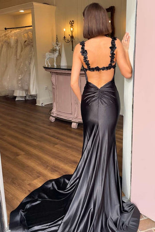 Mermaid Black Straps Floral  Long Prom Dress